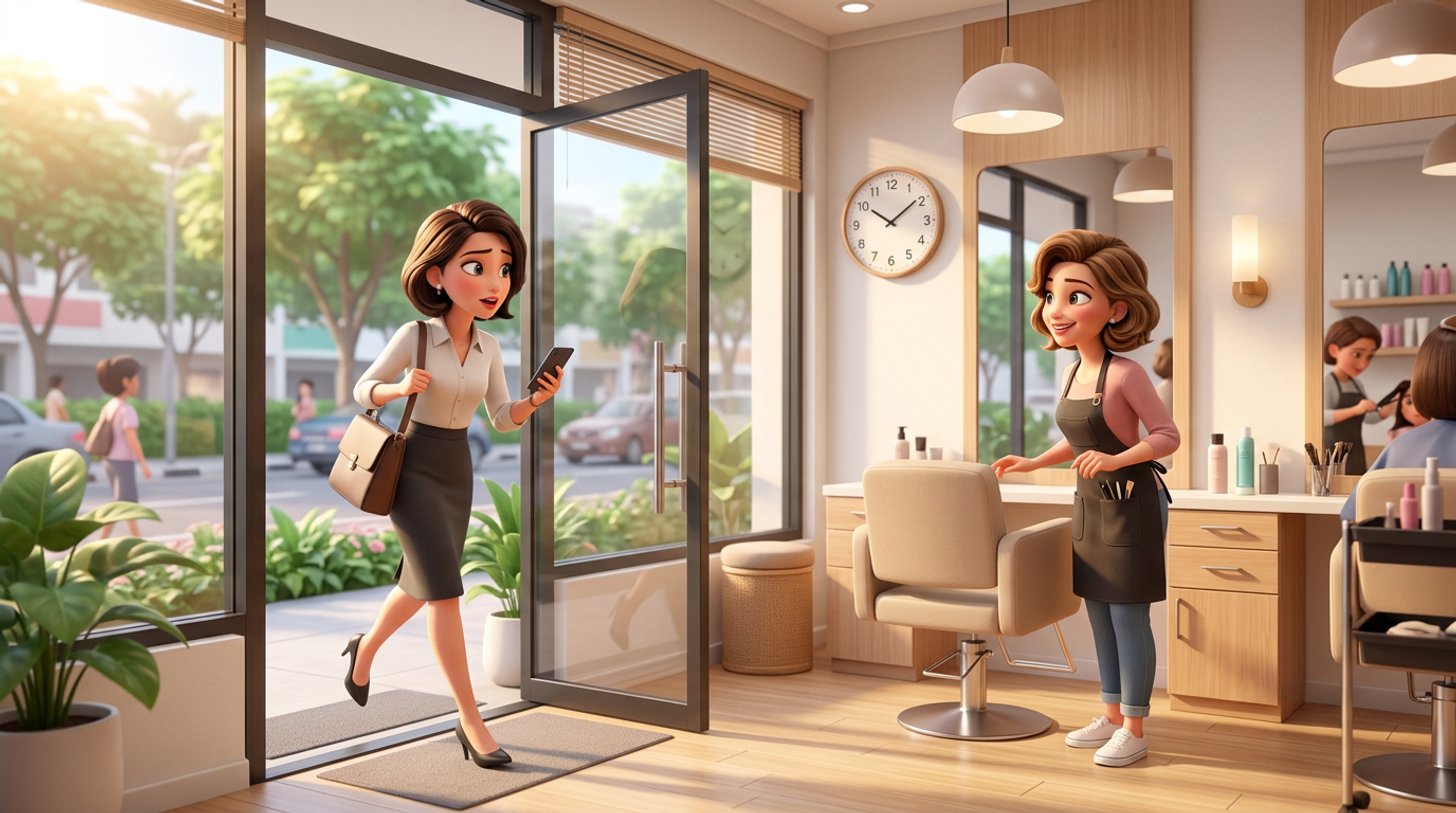 A client hurries into a bright Singapore hair salon in an HDB shopfront while the stylist glances at the wall clock beside an empty styling chair