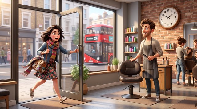 Illustration of a hurried client arriving at the door of a hair salon while a stylist glances at the wall clock beside an empty styling chair