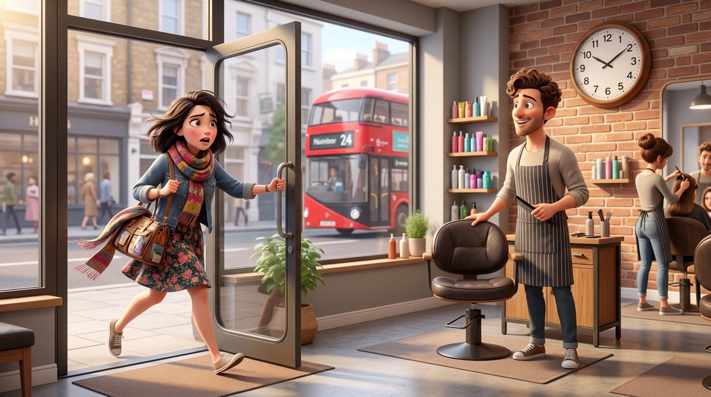 Illustration of a hurried client arriving at the door of a hair salon while a stylist glances at the wall clock beside an empty styling chair