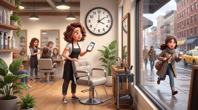 A hairdresser checks the wall clock next to an empty styling chair while a client hurries past the salon window with a coffee cup
