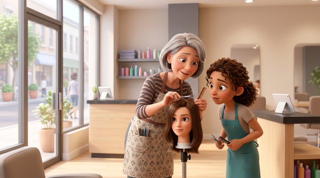 Eine Friseurmeisterin zeigt einem jungen Lehrling an einem Übungskopf eine Schnitttechnik, im Hintergrund ein heller österreichischer Salon