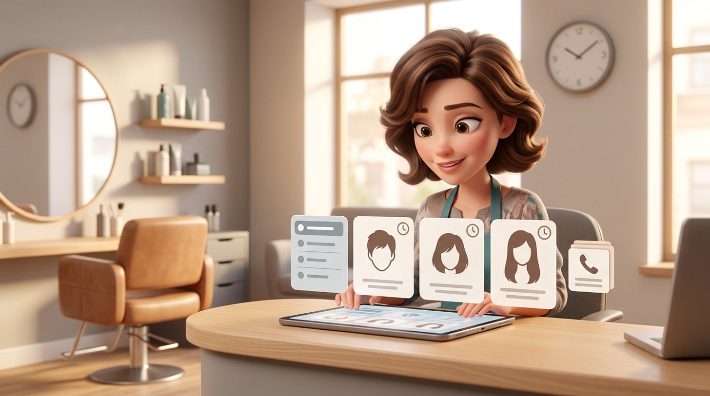 Friseurin ordnet am Empfang ihres Salons auf einem Tablet den Leistungskatalog für die Online-Buchung, mit Karten für kurzes, mittleres und langes Haar