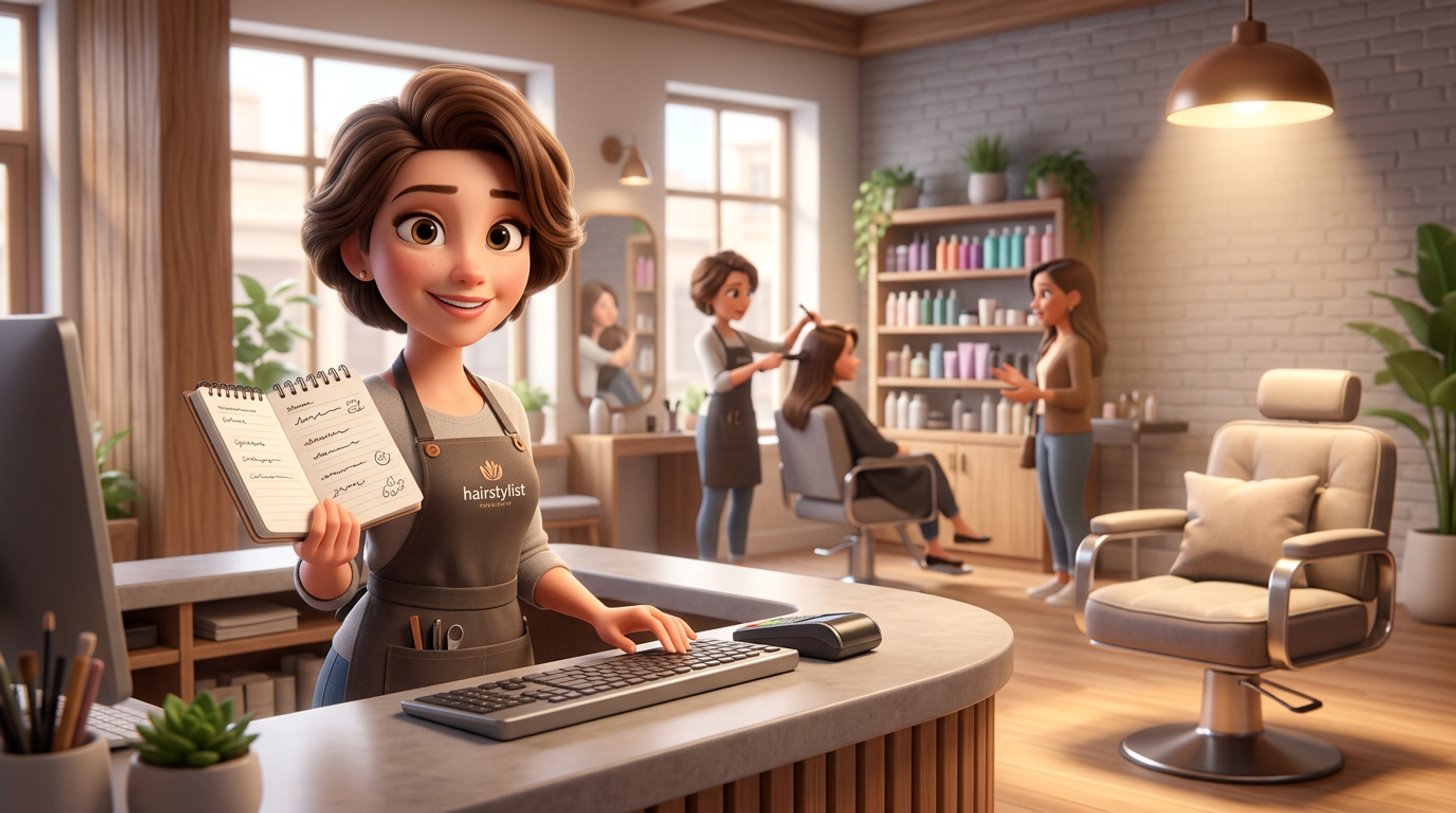 Une coiffeuse tient un petit carnet avec une liste manuscrite au comptoir de son salon de coiffure animé, un fauteuil vide éclairé d'une lumière douce au premier plan