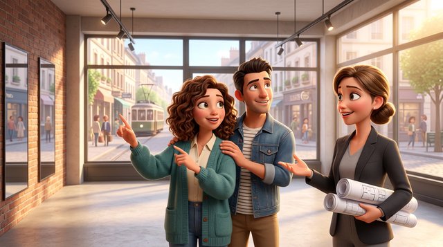 Un couple de futurs gérants visite un local commercial vide à grande vitrine avec une agente immobilière, plans en main, en imaginant leur futur salon de coiffure