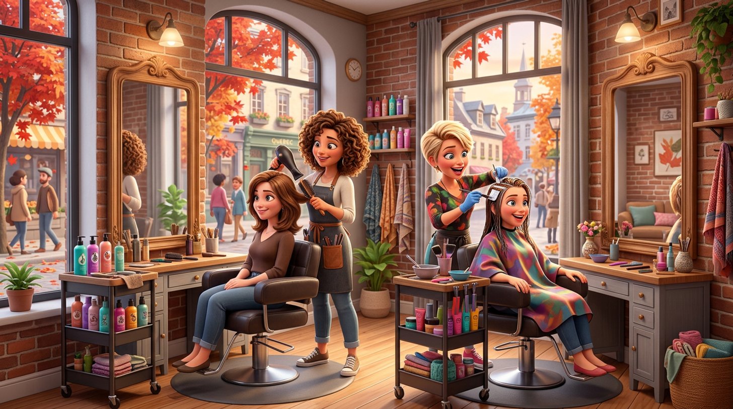 Deux coiffeuses travaillent chacune à leur propre poste avec leur cliente dans un salon de coiffure québécois lumineux aux murs de briques