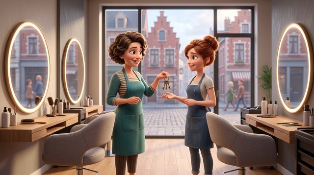 Dans un salon de coiffure belge, la gérante remet un trousseau de clés à une coiffeuse indépendante devant deux fauteuils équipés chacun de leur propre poste de travail