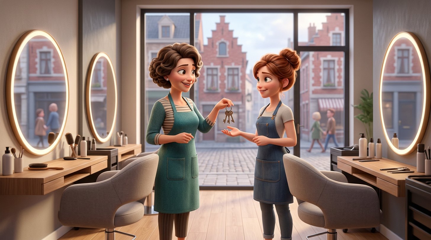 Dans un salon de coiffure belge, la gérante remet un trousseau de clés à une coiffeuse indépendante devant deux fauteuils équipés chacun de leur propre poste de travail
