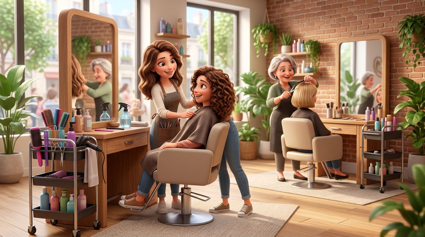 Dans un salon de coiffure suisse lumineux, deux coiffeuses travaillent chacune à leur propre poste de coiffage, l'une accueille sa cliente à son fauteuil loué