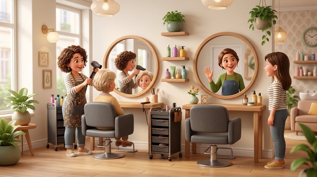 Deux coiffeuses indépendantes travaillent chacune à leur propre fauteuil avec leur cliente dans un salon de coiffure lumineux partagé