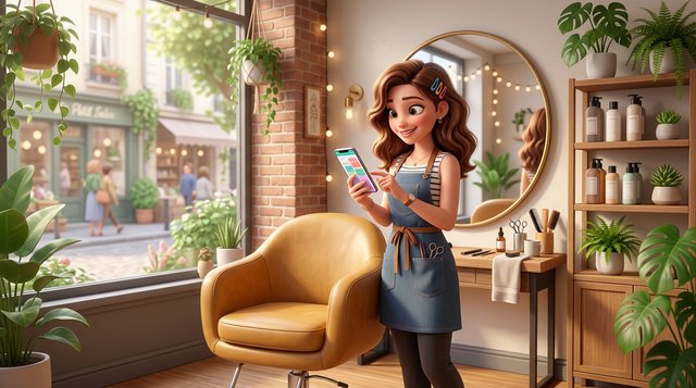 Une coiffeuse indépendante consulte son agenda de rendez-vous sur son smartphone dans son petit salon de coiffure à un seul fauteuil