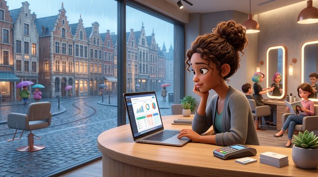 Illustration d'une gérante de salon de coiffure comparant des logiciels de réservation sur son ordinateur portable, avec une rue commerçante bruxelloise visible par la vitrine