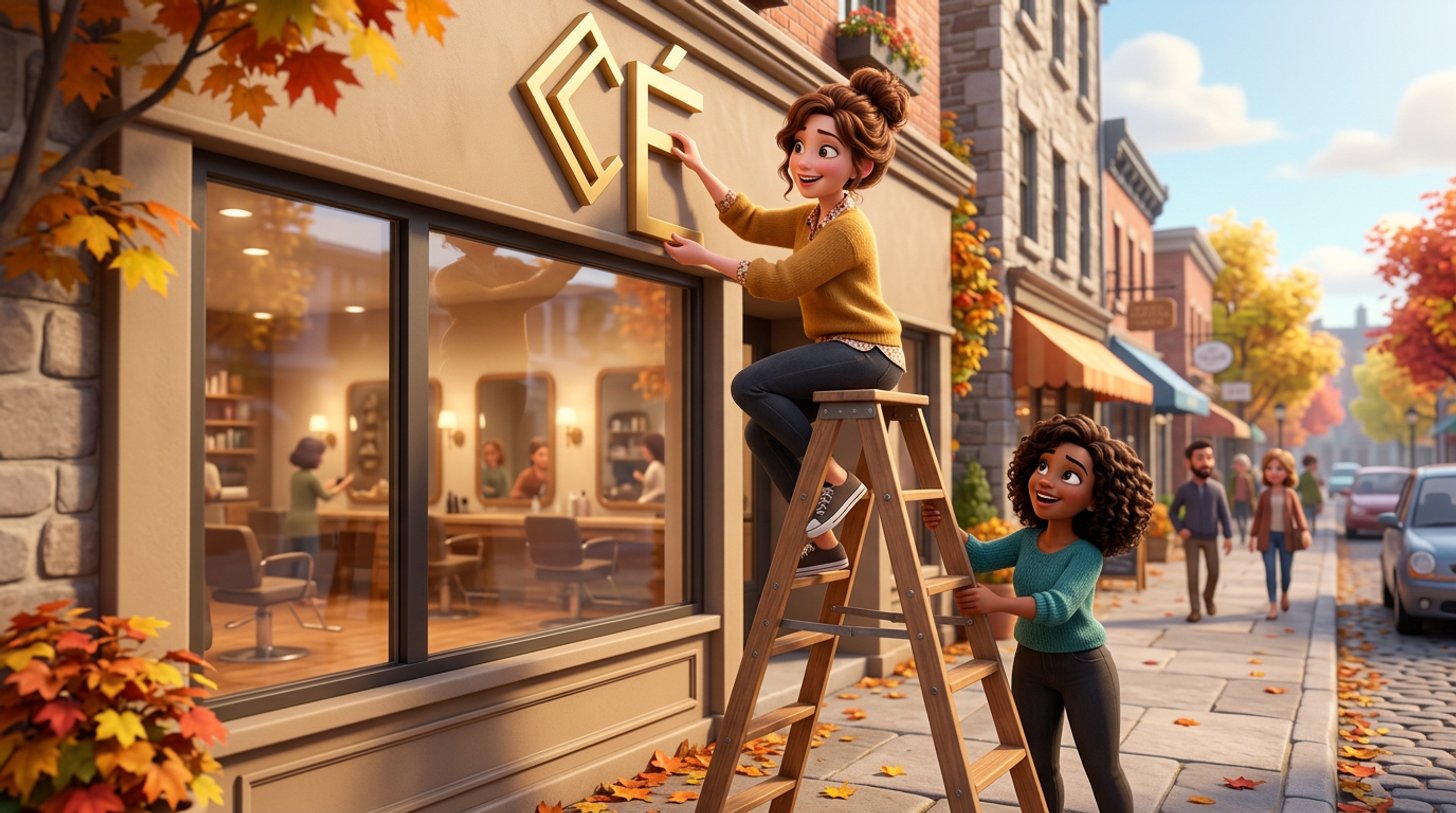 Illustration d'une propriétaire de salon de coiffure sur un escabeau qui ajuste les lettres françaises de son enseigne de vitrine, dans une rue commerçante québécoise en automne