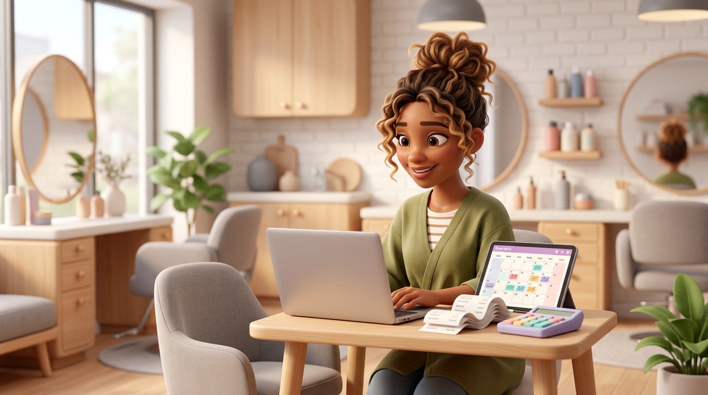 Illustration of a self-employed hairdresser at a small desk in her salon, checking her income figures on a laptop with receipts and a calculator beside her