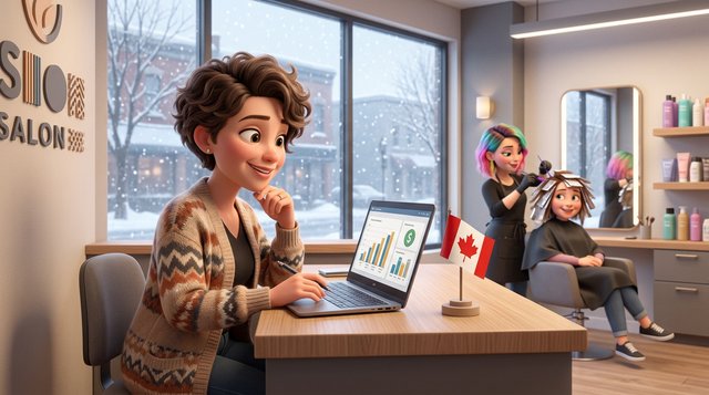 A Canadian hair salon owner compares software prices on a laptop at the front desk while snow falls outside the salon window
