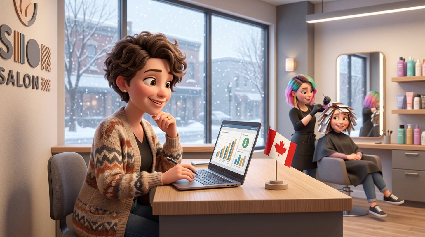 A Canadian hair salon owner compares software prices on a laptop at the front desk while snow falls outside the salon window