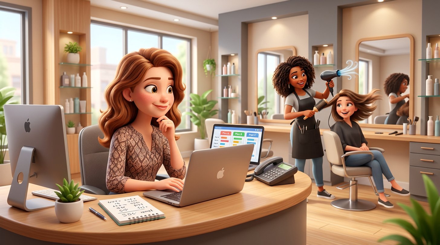 A hair salon owner reviews software subscription costs on a laptop at her reception desk while a stylist works on a client's hair in the background