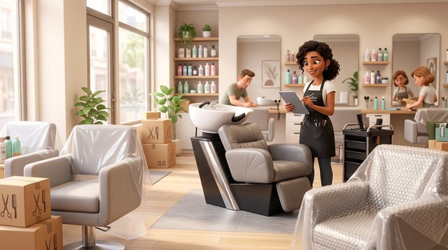 Illustration d'un salon de coiffure en cours d'installation, fauteuils encore emballés et bac à shampoing moderne, la gérante coche sa liste de matériel sur une tablette