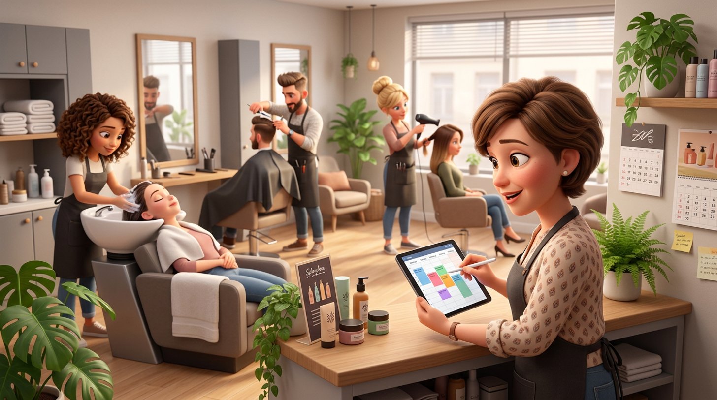Saloninhaberin prüft am Empfangstresen den Wochenplan ihres Teams auf einem Tablet, während eine junge Aushilfe einer Kundin am Waschbecken die Haare wäscht und zwei Kollegen an den Bedienplätzen arbeiten