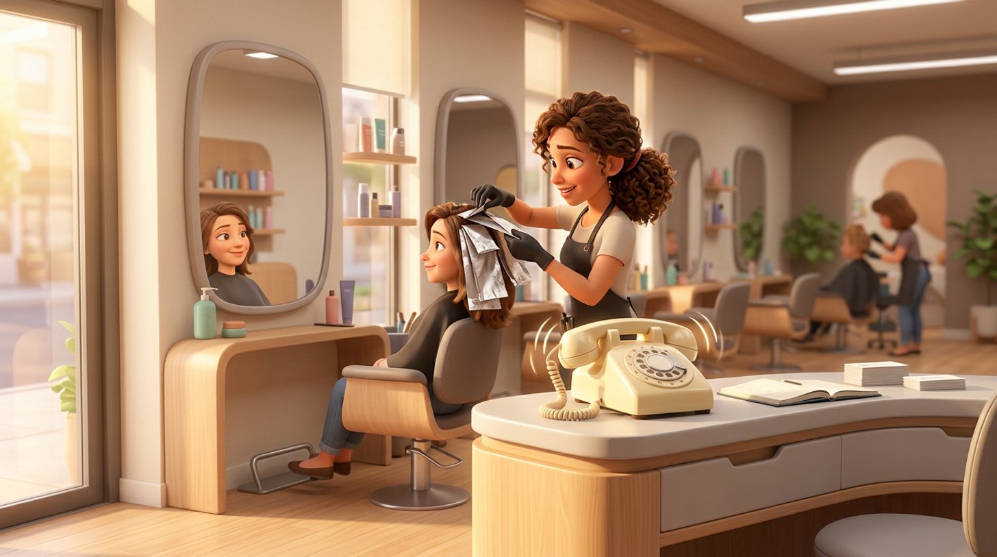 A hairdresser with gloved hands folds colour foils into a client's hair while the phone lights up unanswered on the reception desk of a sunlit salon