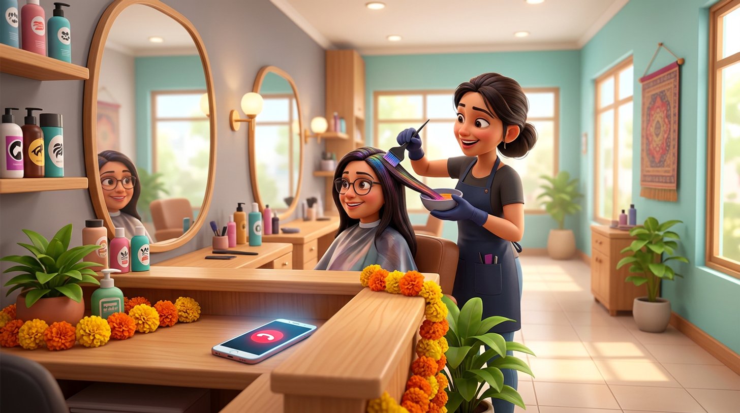 A hairdresser with gloved hands applies colour to a client's hair in a bright Indian salon while a phone on the reception counter lights up with a missed call