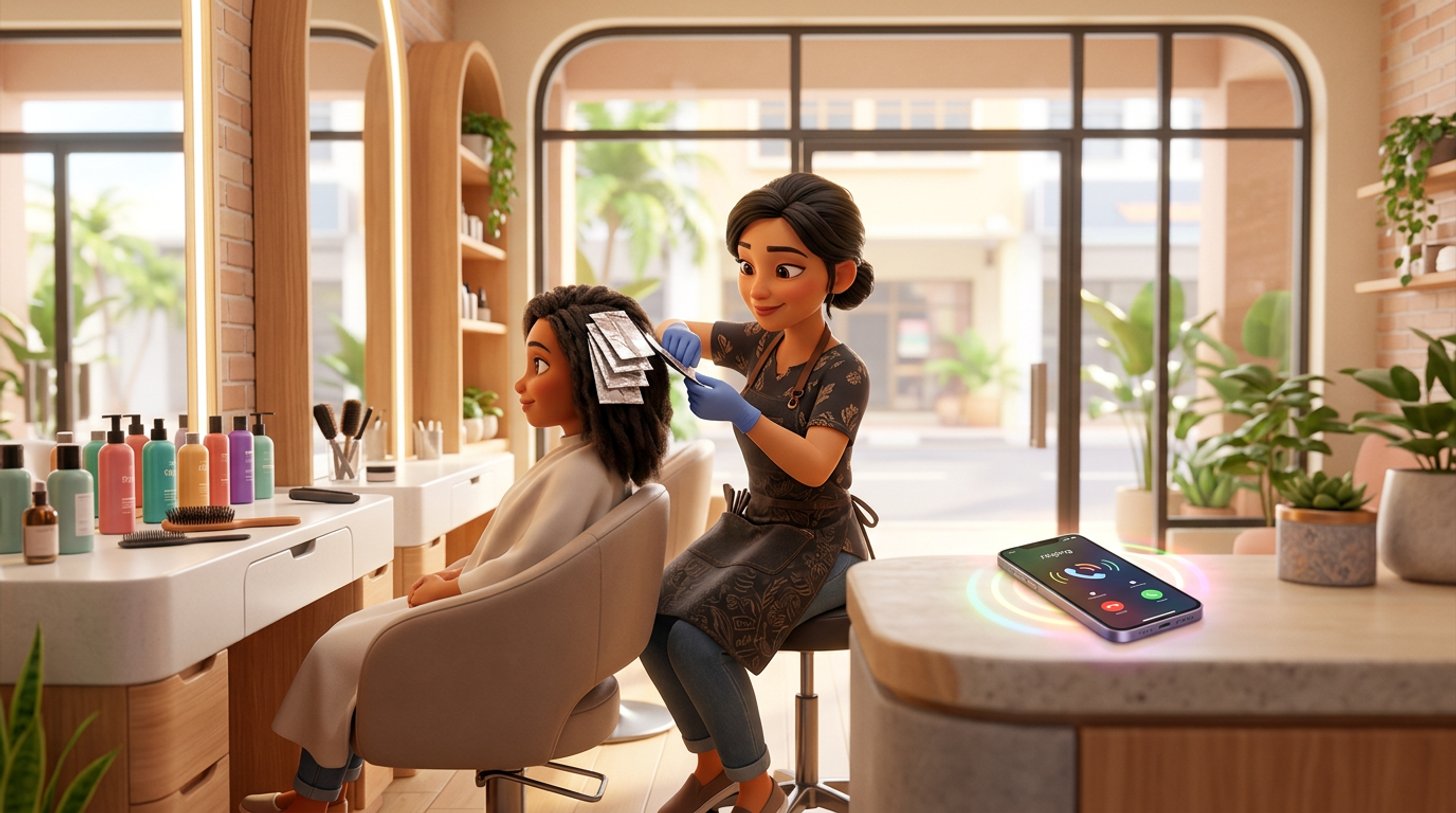 A hairdresser with both gloved hands in a client's foils glances at a phone ringing unanswered on the counter of a bright Malaysian shoplot salon