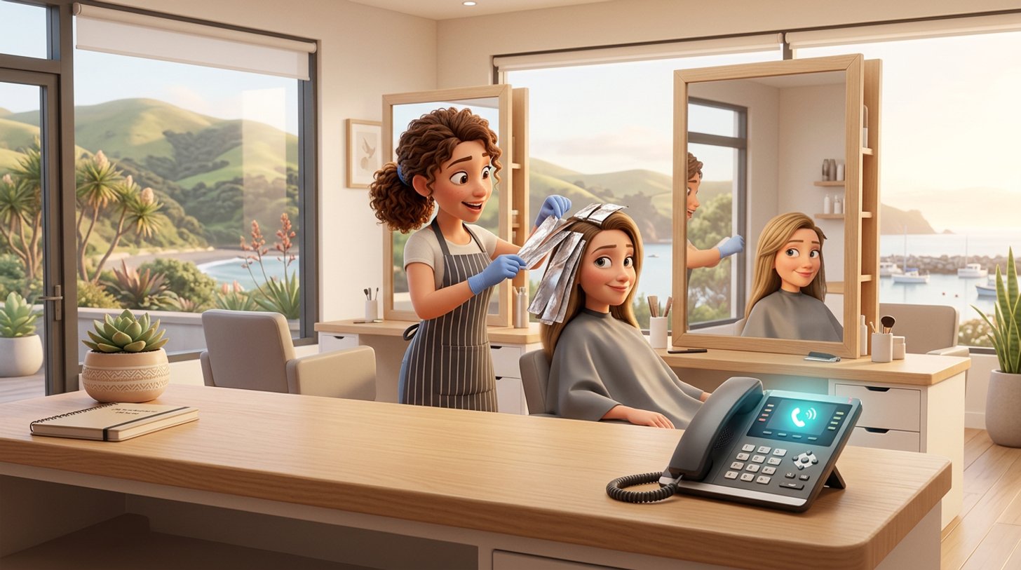 A hairdresser with gloved hands folds colour foils into a client's hair while a phone rings unanswered on the reception counter of a bright New Zealand salon, green hills and a harbour through the window
