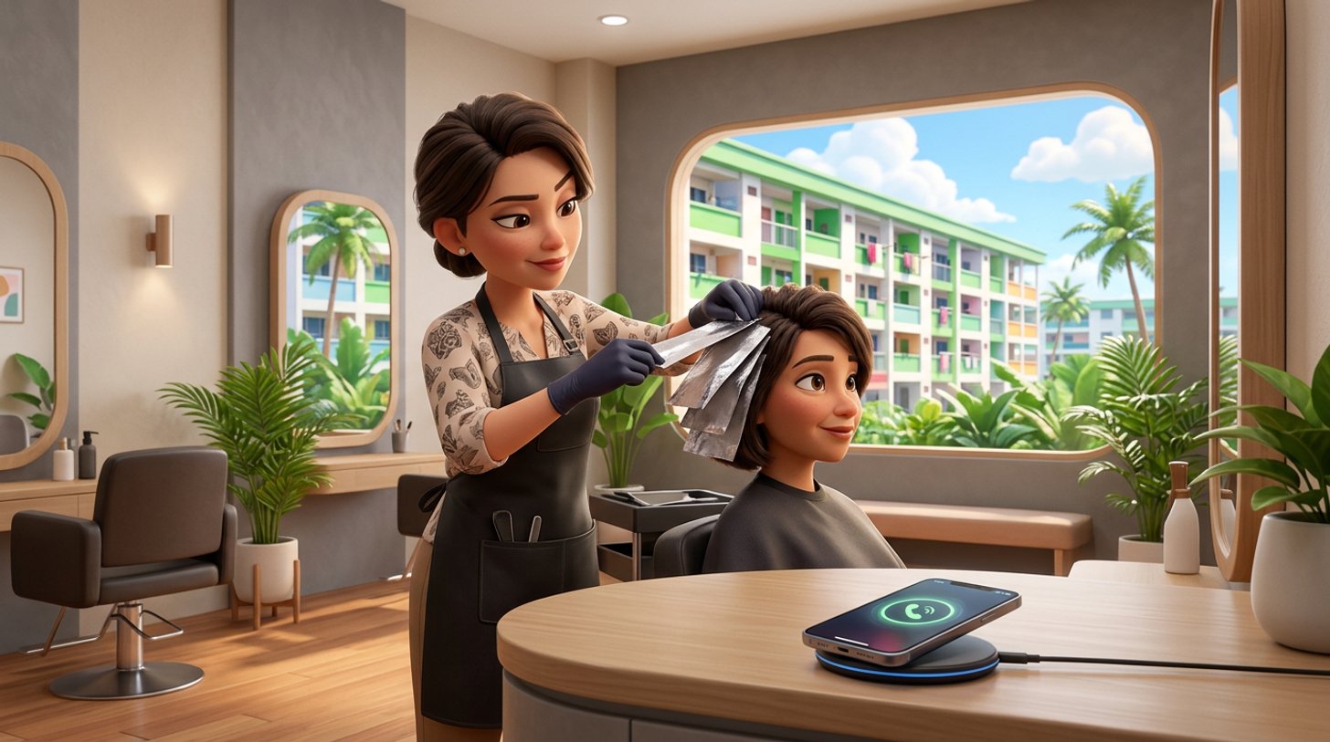 A hairdresser with gloved hands folds colour foils into a client's hair while a phone lights up unanswered on the reception counter of a bright Singapore shophouse salon, HDB blocks visible through the window
