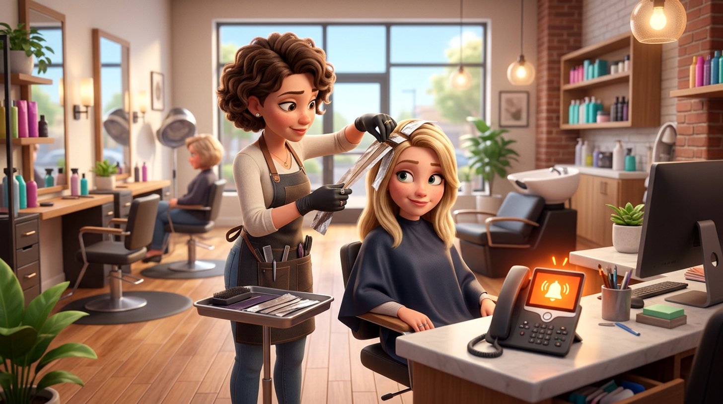 A stylist with gloved hands weaving foils into a client's hair glances at the salon phone lighting up with a missed call on the reception desk