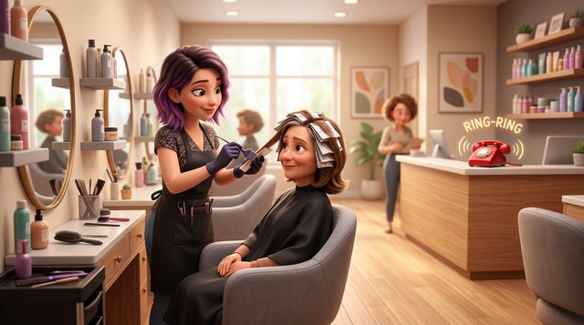A hairdresser with gloved hands applying colour foils to a client while the phone rings unanswered on the salon reception desk