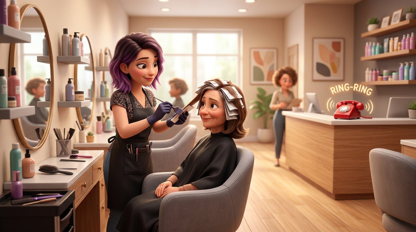 A hairdresser with gloved hands applying colour foils to a client while the phone rings unanswered on the salon reception desk