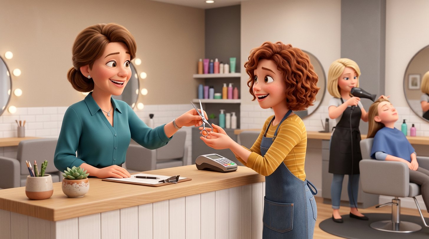 Saloninhaberin begrüßt eine neue Friseurin an der Rezeption eines hellen Friseursalons und überreicht ihr eine Schere, im Hintergrund föhnt eine Kollegin einer Kundin die Haare