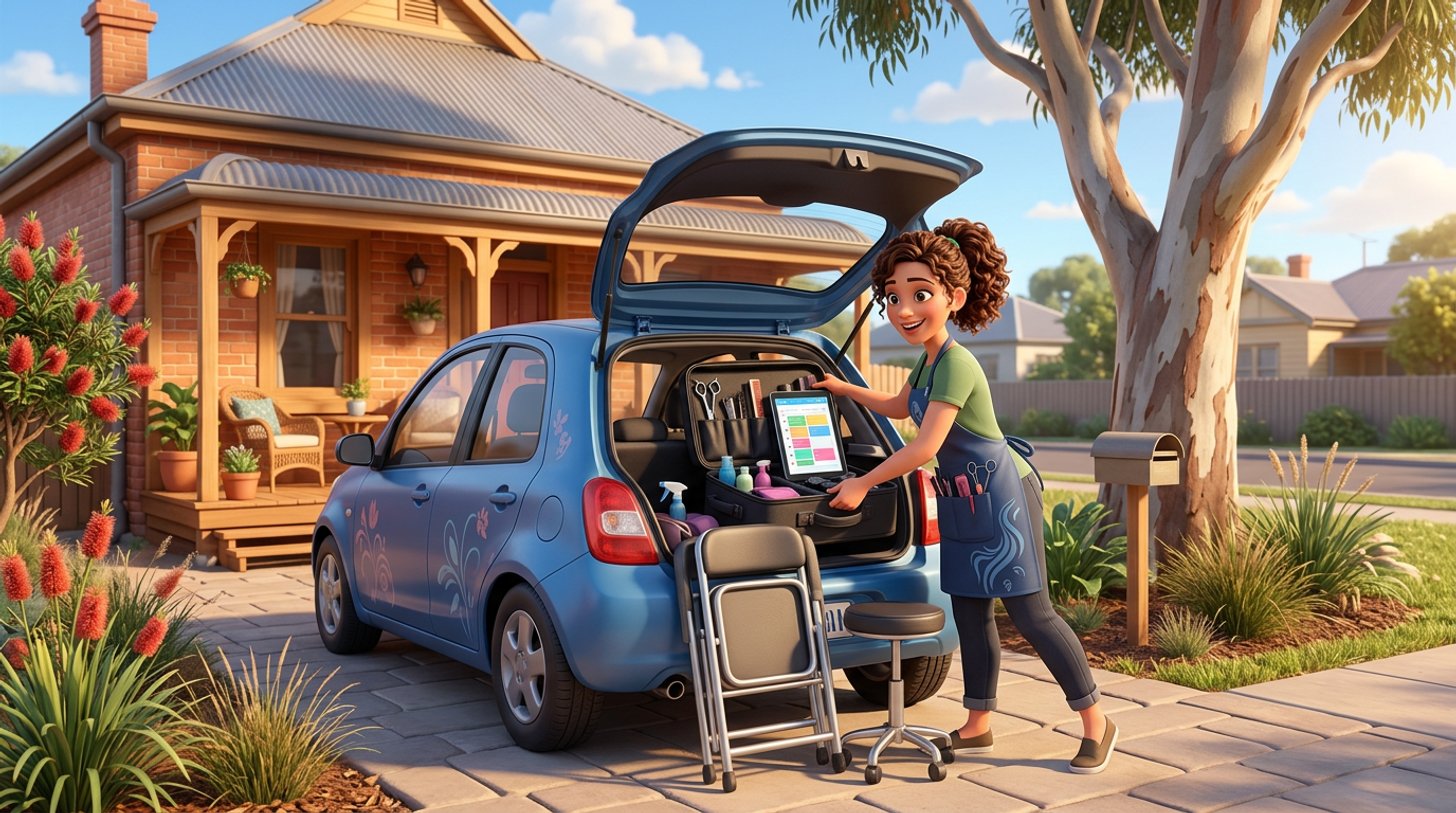 A mobile hairdresser loads a kit bag and folding salon chair into the boot of a small car parked outside an Australian suburban house, scissors and a tablet diary visible in the open bag
