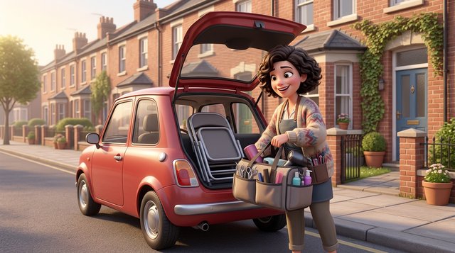 Illustration of a mobile hairdresser loading a kit bag and folding chair into a small car outside a brick terraced house, scissors and a diary visible in the open bag