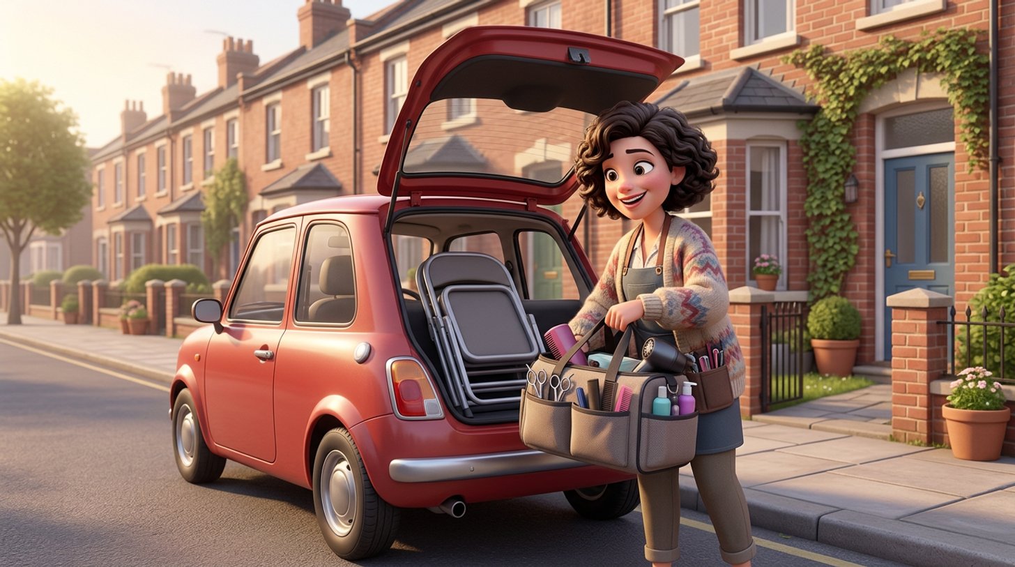 Illustration of a mobile hairdresser loading a kit bag and folding chair into a small car outside a brick terraced house, scissors and a diary visible in the open bag