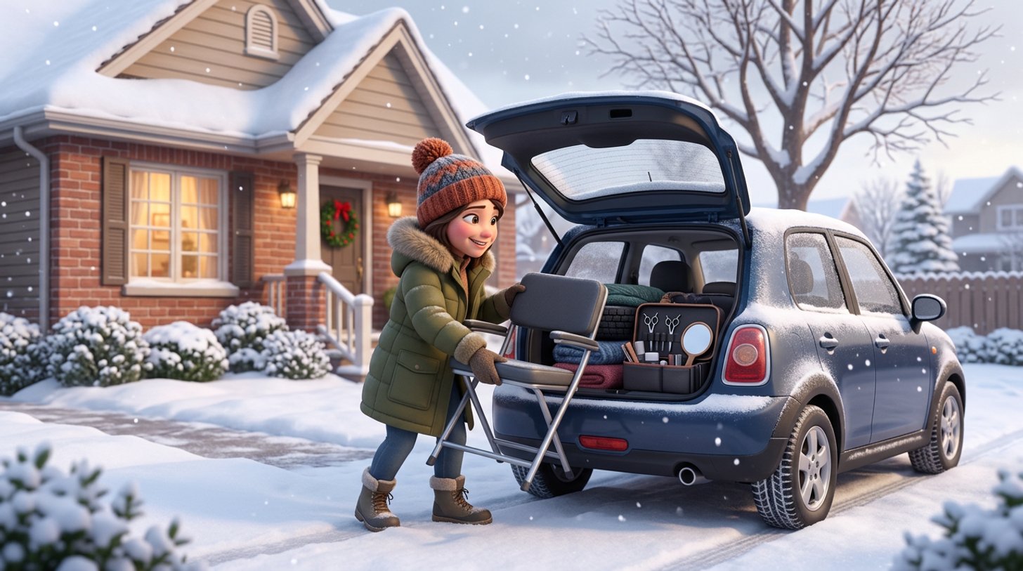 A mobile hairdresser in a toque and parka loads her kit bag and a folding salon chair into an SUV outside a snowy Canadian house