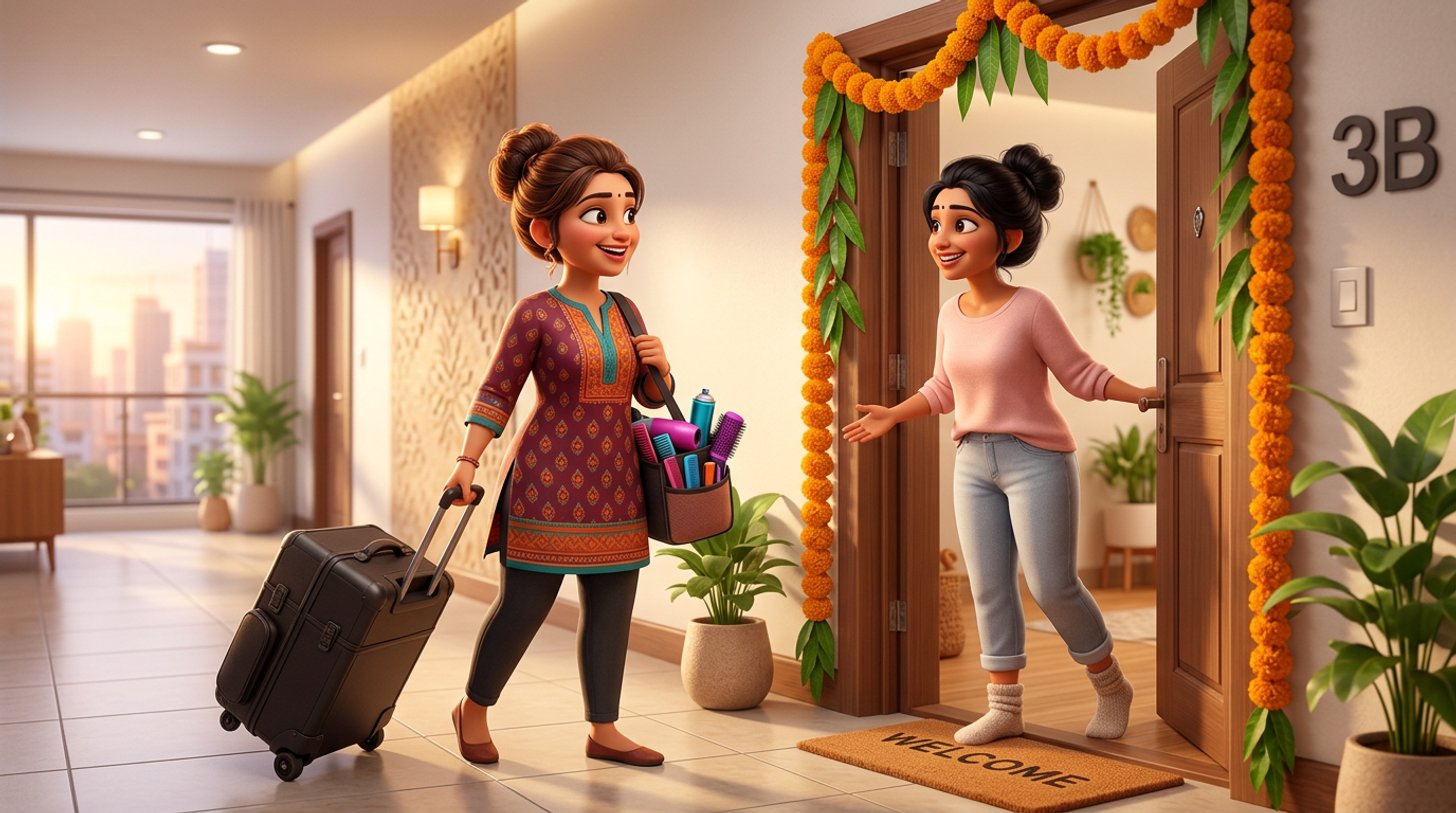 A freelance Indian hairstylist with a wheeled kit case and a tote of styling tools arrives at a client's apartment door at dawn, welcomed by a smiling bride-to-be under a marigold-decorated doorway