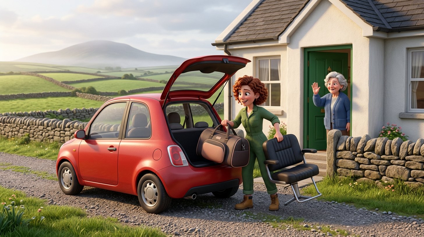 A mobile hairdresser lifts her kit bag and folding chair from the boot of a small car outside an Irish country bungalow, where an older client holds the front door open