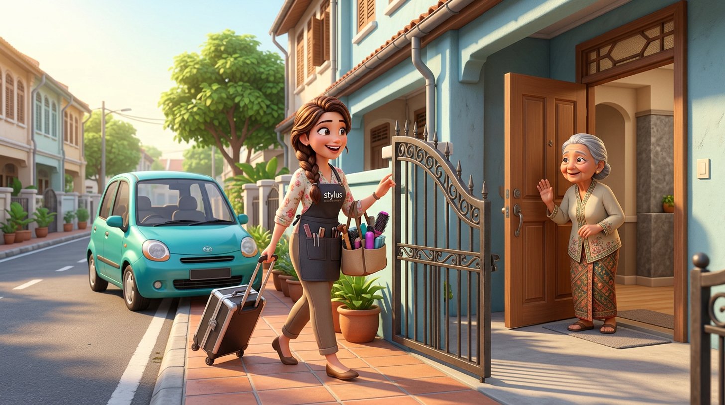 A mobile hairdresser with a rolling kit case and a tote of styling tools arrives at the gate of a Malaysian terrace house, her small car parked by the kerb, while an elderly client waits at the open front door