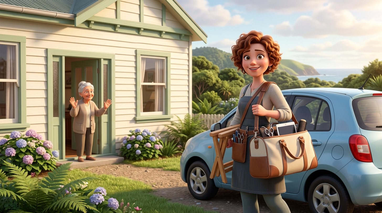 A mobile hairdresser carries her kit bag and folding stool from a small hatchback towards a New Zealand weatherboard house, where an older client waves from the front door