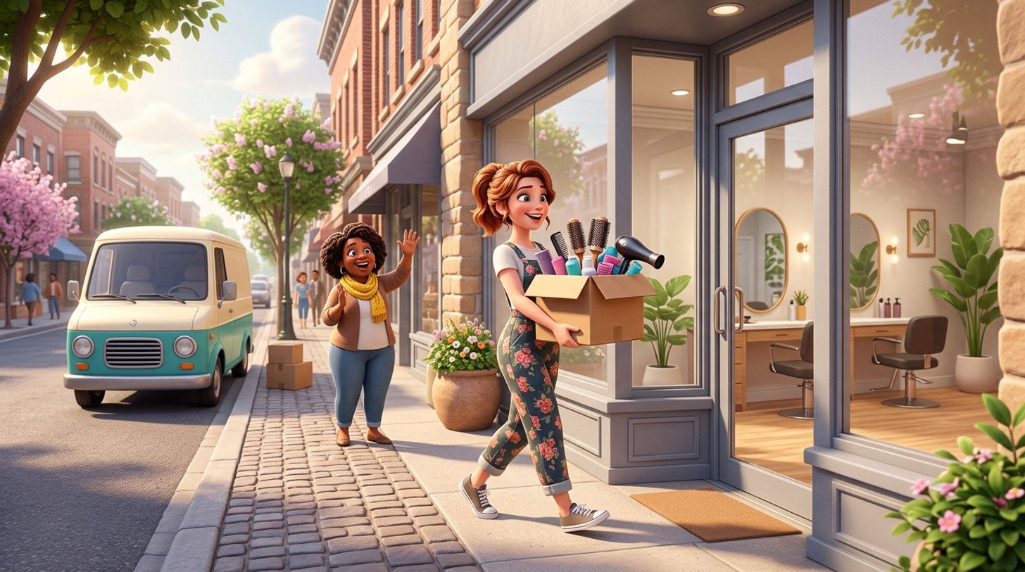 A hair stylist carries a box of salon supplies toward a bright new storefront while a client waves at her from the sidewalk, moving van parked at the curb