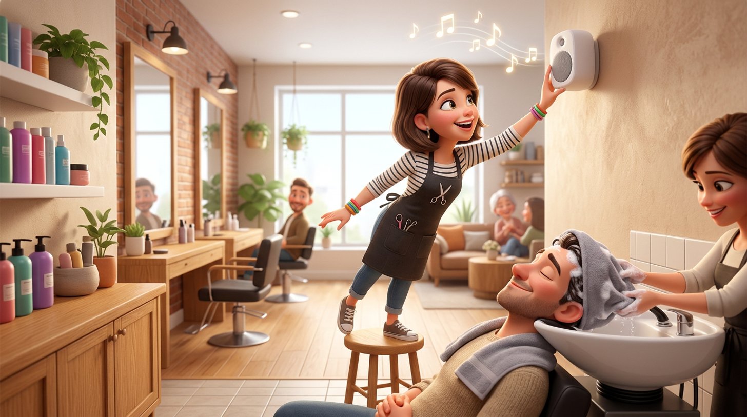 Illustration of a hairdresser adjusting a small wall speaker in a bright Australian hair salon while a relaxed client has a shampoo at the basin
