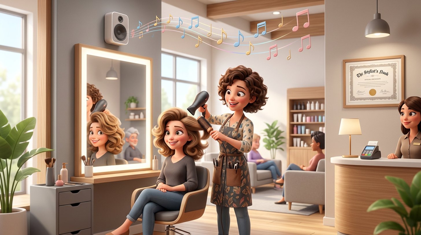 Illustration of a hair stylist blow-drying a client's hair in a bright salon while musical notes float from a small wall speaker, a framed licence certificate hanging beside the reception desk