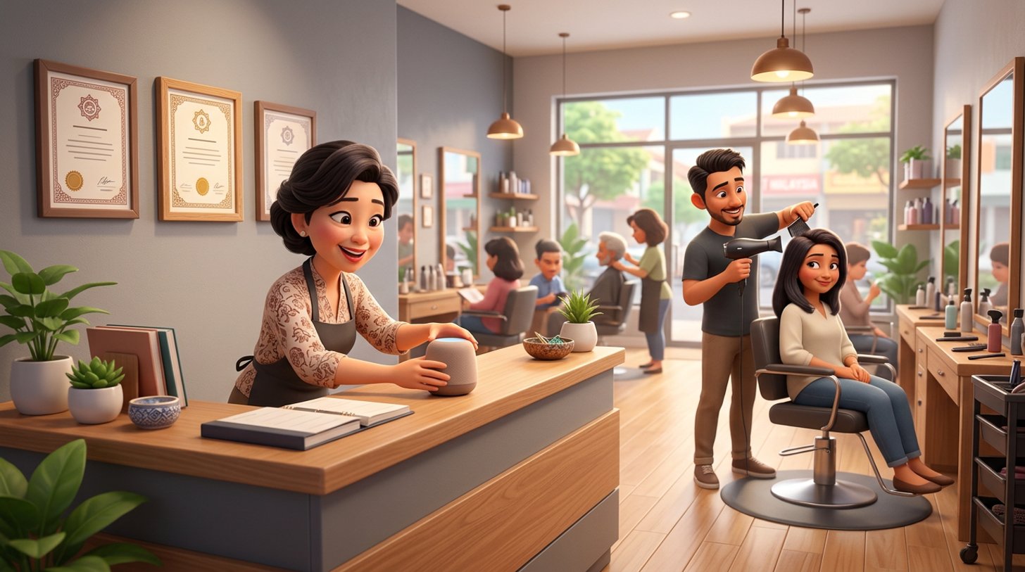 Illustration of a Malaysian hair salon owner setting up a speaker near the reception desk of a bright shoplot salon while a hairdresser blow-dries a client's hair