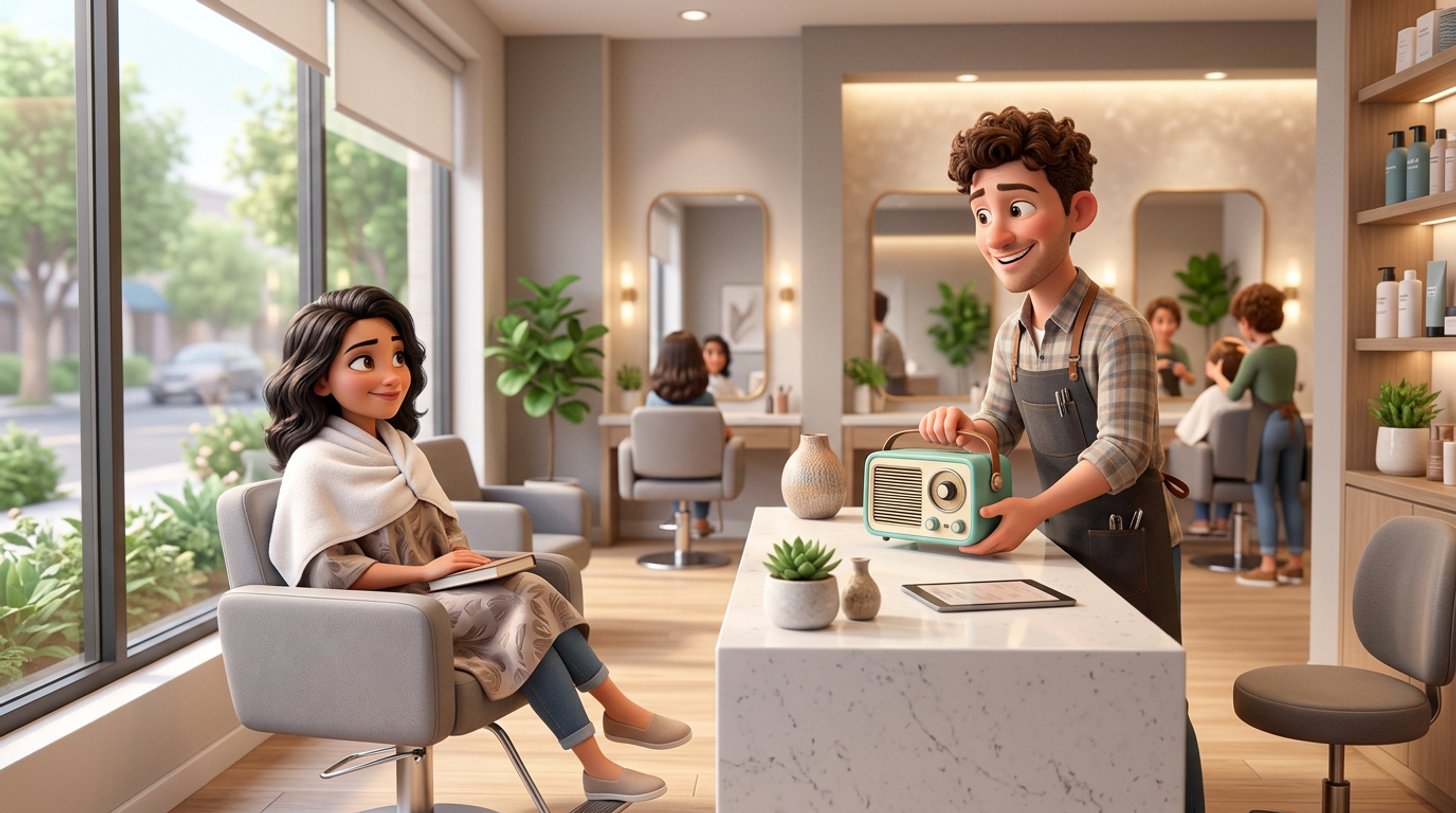 Illustration of a hairdresser placing a small radio on the reception counter of a bright New Zealand hair salon while a relaxed client waits in a styling chair