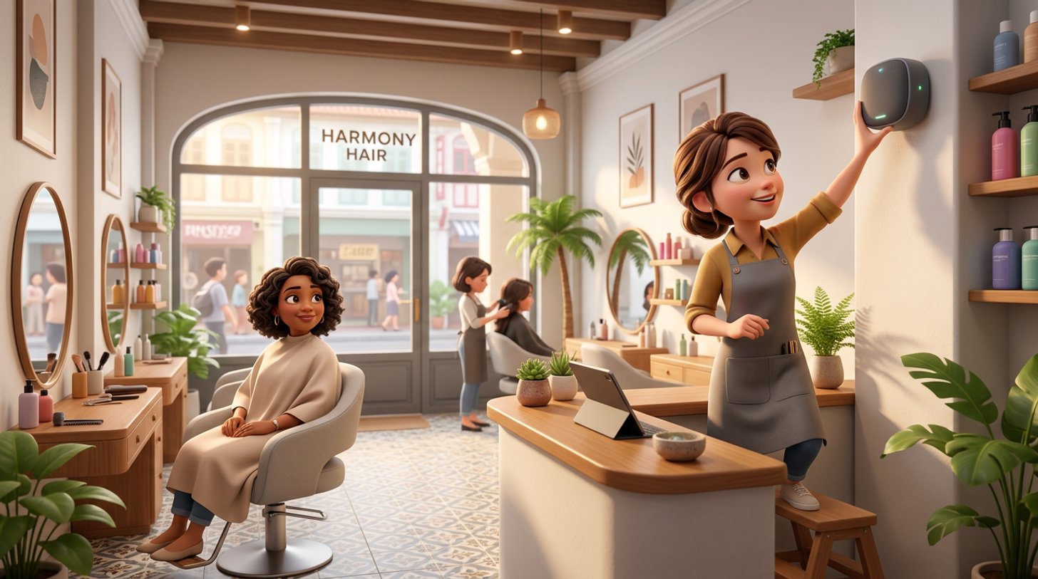 Illustration of a hairdresser adjusting a speaker above the reception counter of a bright Singapore shophouse hair salon while a client relaxes in a styling chair