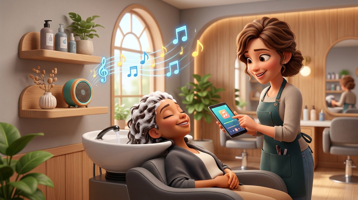Illustration of a relaxed client having a shampoo at the basin of a bright hair salon while music notes float from a small speaker on a shelf