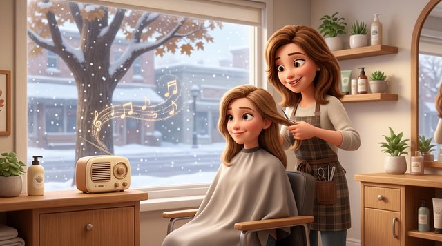 A hair stylist trims a client's hair in a warm Canadian salon while a small radio plays on the reception shelf and snow falls outside the window