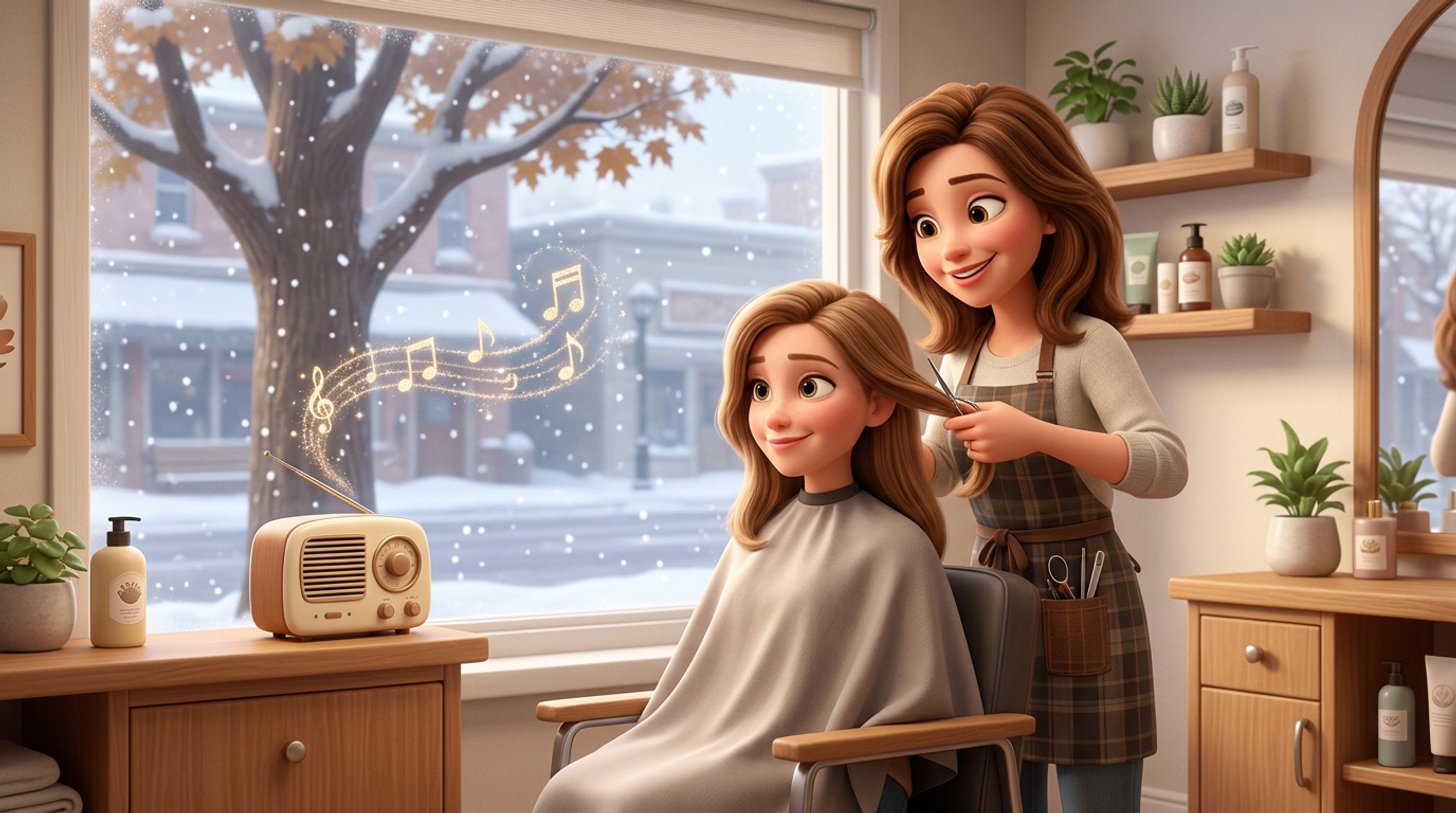 A hair stylist trims a client's hair in a warm Canadian salon while a small radio plays on the reception shelf and snow falls outside the window