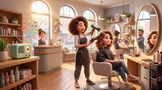 A hair stylist blow-dries a relaxed client in a bright American salon while music notes drift from a small radio on the reception shelf