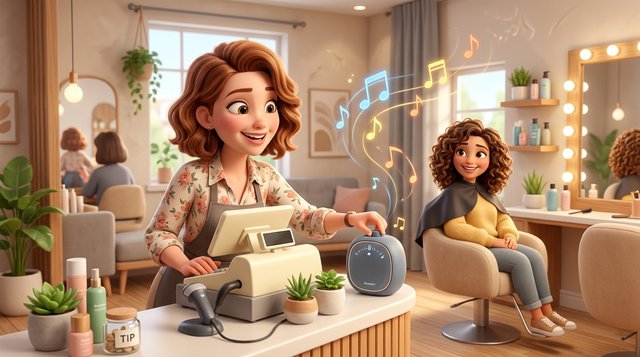 Illustration d'une coiffeuse qui règle le volume d'une enceinte près de la caisse de son salon, une cliente détendue sourit dans le fauteuil